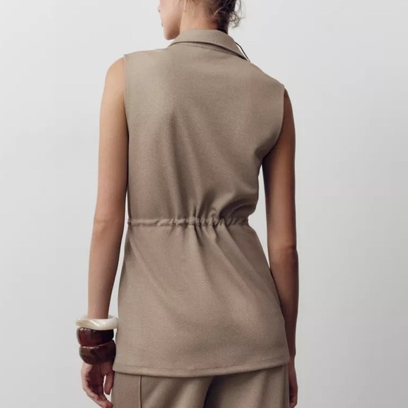 Zara NWT gold button drawstring waist beige vest top - Picture 6 of 10